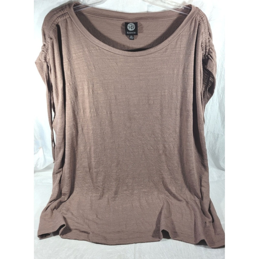 Bobeau Ruched Tie Cap Sleeve Knit Textured Women's Top - Brown - 2X